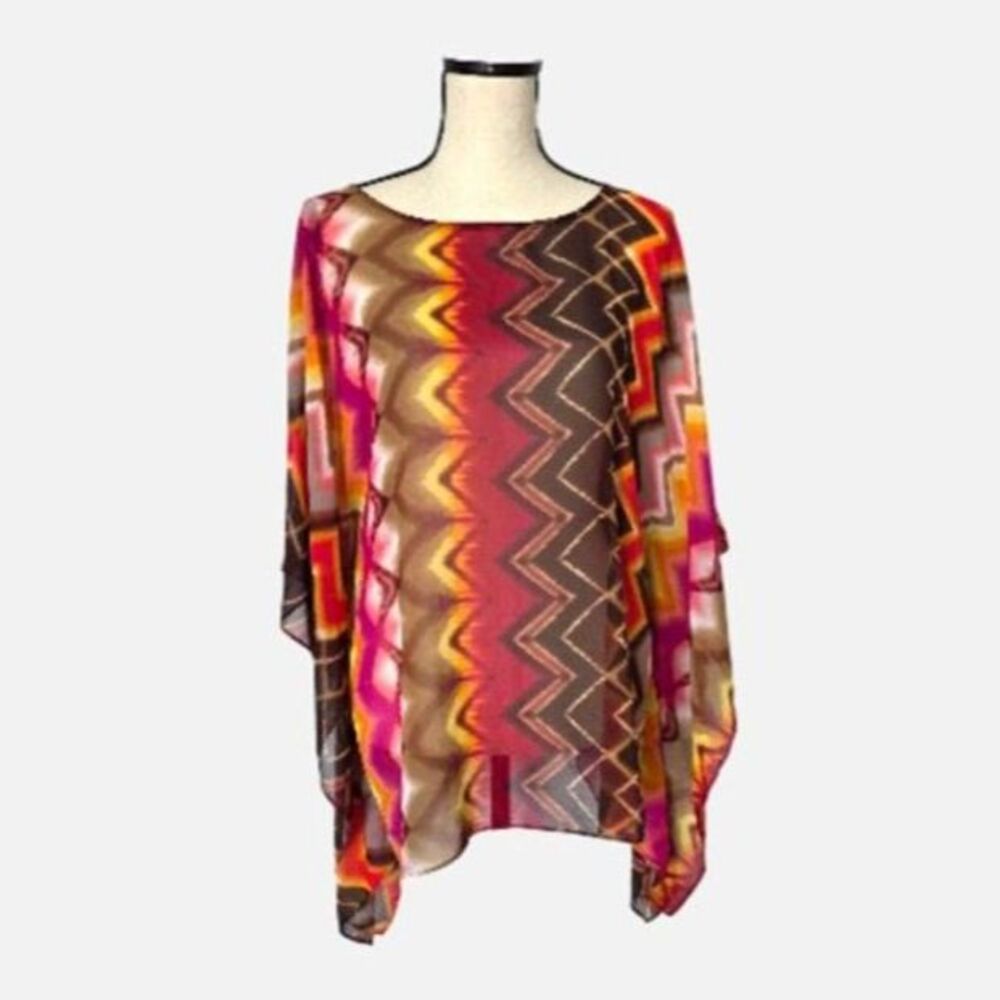 Susan Graver Chevron Ikat Chiffon Kimono Tunic Top Large Earthy Multicolor Pink
